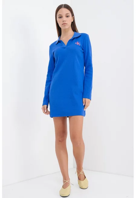 Къса рокля с яка и дълги ръкави - Кралско Синьо