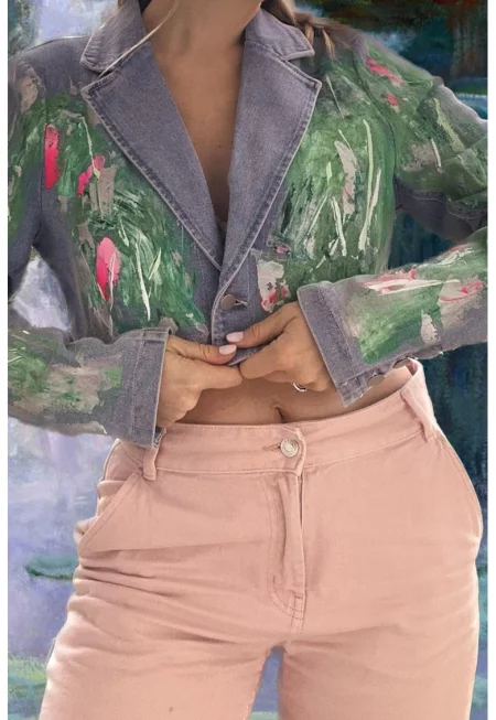 Късо яке от деним с принт - Зелен/Прашно синьо/Розово