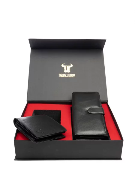 Комплект дамски портфейл и мъжки портфейл - естествена кожа - черен - Reset-Muselles