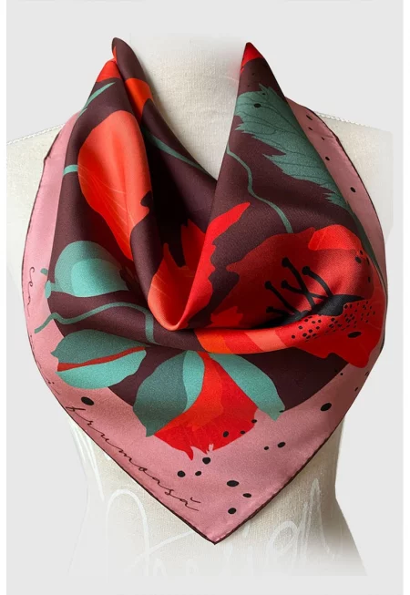 Копринен шал с флорален десен - Бордо/Аленочервен/Аква зелено
