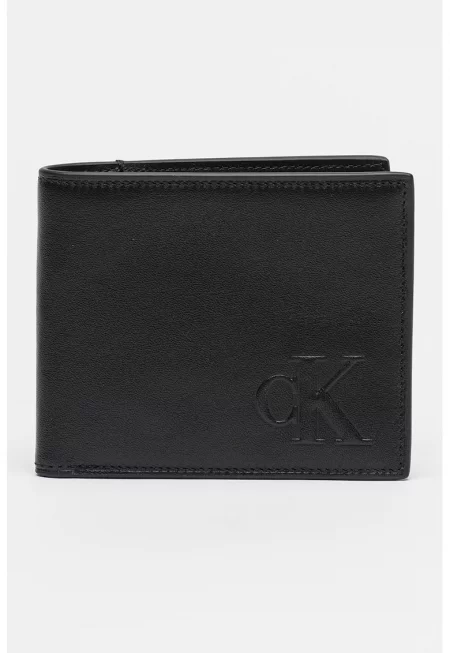 Кожен портфейл с двойно прегъване и релефно лого - Черен