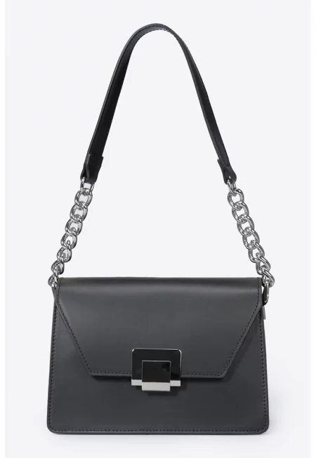 Кожена чанта за рамо с презрамка-верижка - Черен