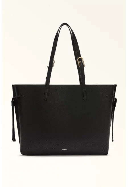 Кожена шопинг чанта с регулируема презрамка - Черен