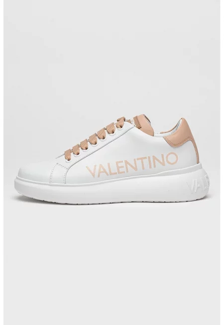 Кожени спортни обувки с лого - Мръснобял/Прашно розово