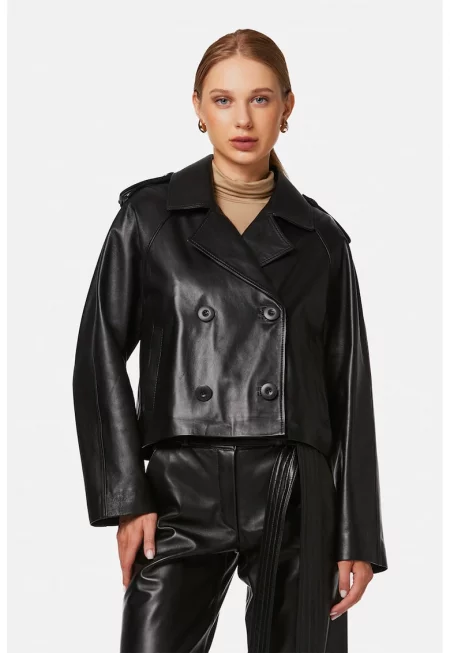 Кожено яке с двуредно закопчаване - Черен