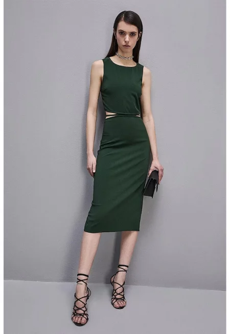 Миди рокля с изрязани страни и гръб - Тъмнозелен