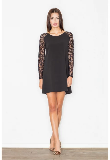 Мини рокля -  черна - с дантелени ръкави - елегантна - полиестер -