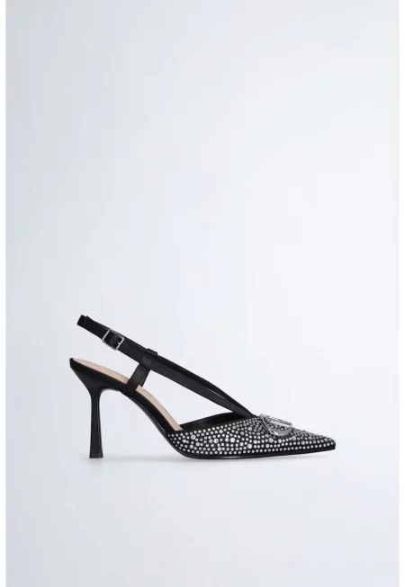 Обувки с ток стилето и декоративни камъни - Черен