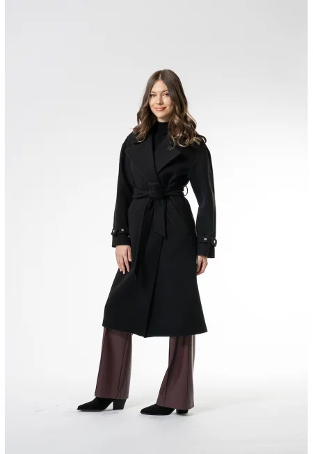 Палто Betty с вълна и връзка на талията - Черен