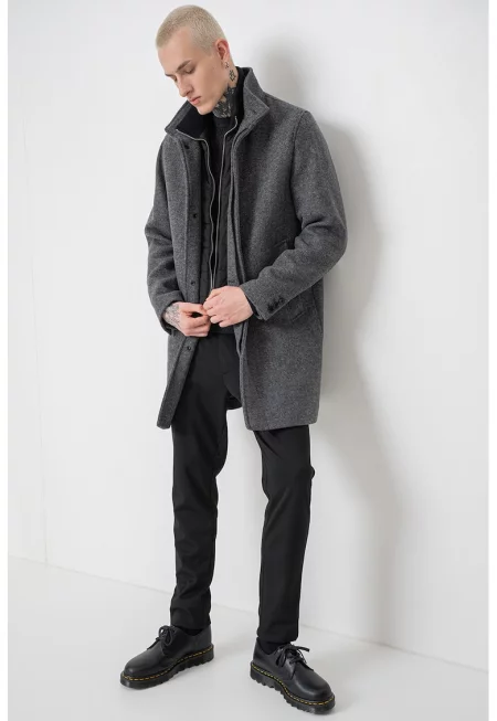 Палто с вълна - Меланж тъмно сиво/Tъмносив