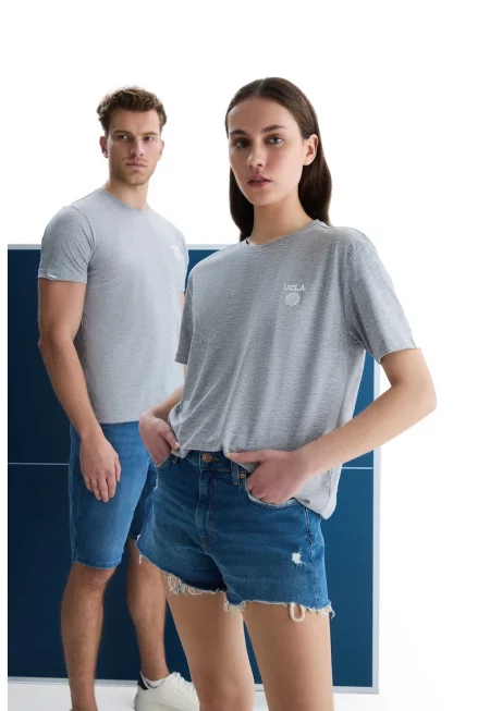 Памучна тениска с овално деколте - Светло сив