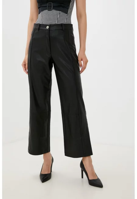 Панталон от еко кожа с широк крачол - Черен