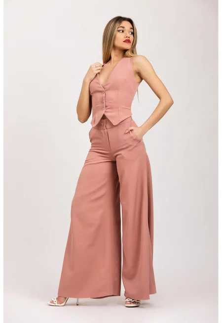 Панталон широк крачол и висока талия - Прашно розово
