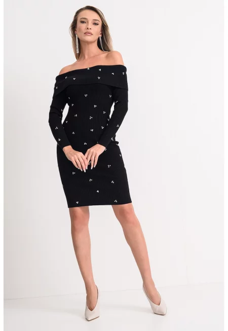 Плетена рокля с голи рамене и декоративни камъни