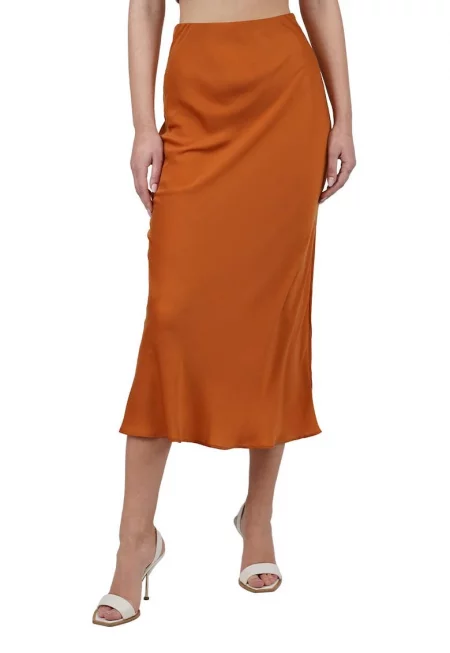 Пола с А-образна кройка - със сатенен вид - Кафяв