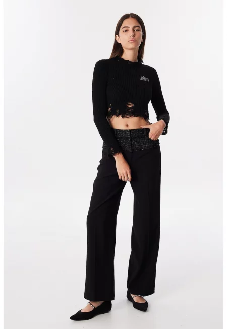 Прав панталон с миди талия - Черен