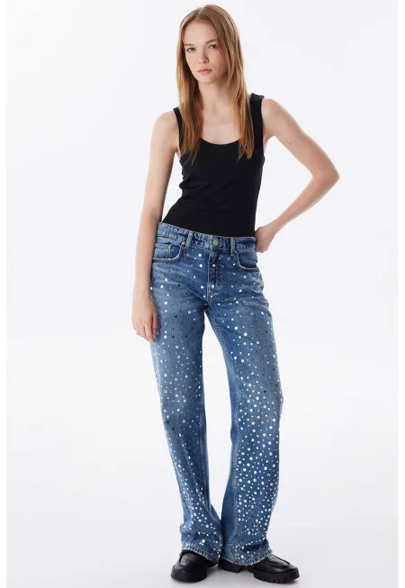 Прави дънки с бляскави апликации - Пастелносин