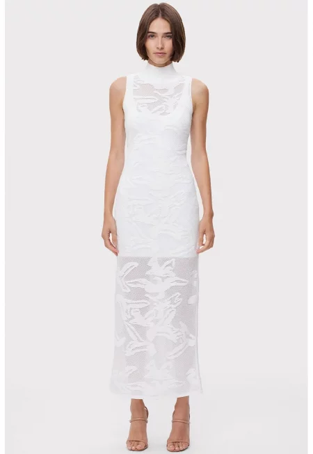 Прозрачна рокля до глезена - без ръкави и с висока яка - Бял