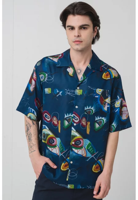 Риза от лиосел с джоб и принт - Зелен/Тъмносин