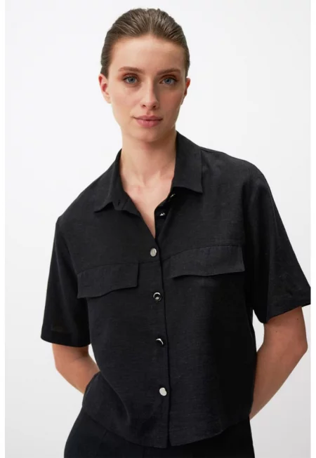 Риза с лен и джобове - Черен