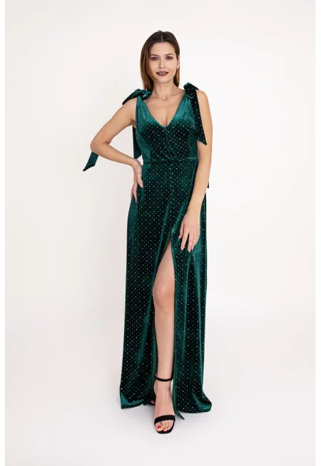 Рокля Emerald с шпиц и декоративни камъни - Тъмнозелен