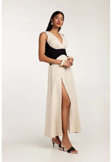 Рокля Marrakesh с лен с цепка - Черен/Бежов