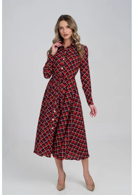 Рокля с копчета и графика - Бордо/Черен/Корал