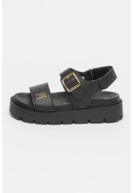 Сандали от еко кожа с равна платформа и велкро - Черен