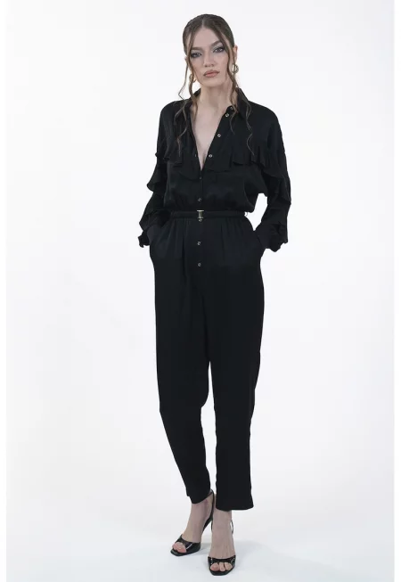 Сатиниран гащеризон с дълги ръкави и набирания