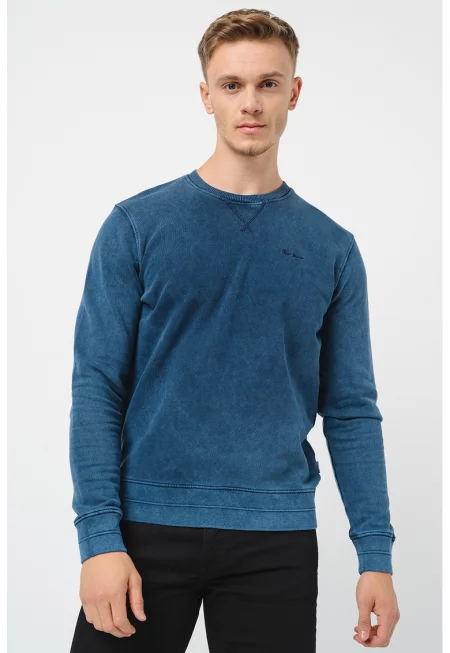 Суитшърт от памук с овално деколте - Бял/Тъмносин