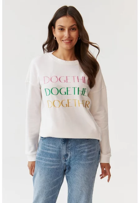 Суитшърт с овално деколте и надписи - Бял/Зелен