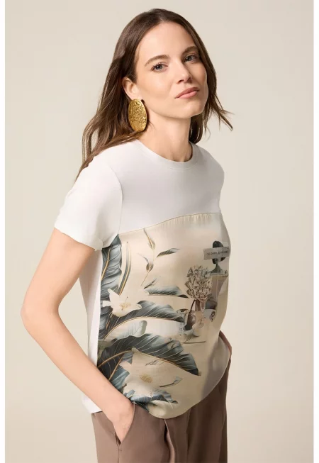 Тениска с графика - Бял/Бежов