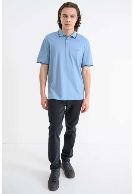 Тениска с яка и контрасти - Черен/Прашно синьо