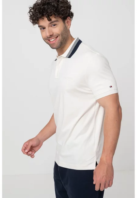 Тениска с яка и контрасти - Слонова кост/Ултрамарин синьо