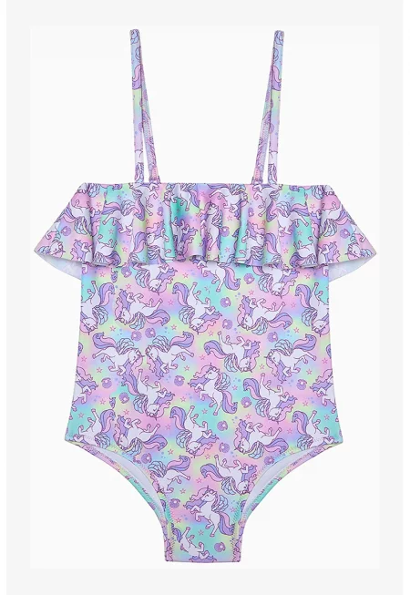 Цял бански с принт - Пастелносин/Лилав/Бял