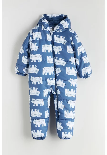 Ватиран гащеризон с качулка - Бял/Тъмносин