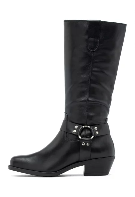 Високи кожени ботуши с ток - Черен