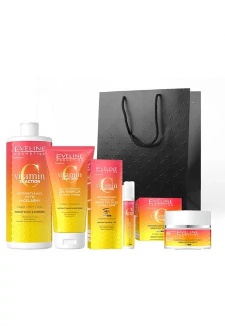 Vitamin C 3x Action комплект регенериращ и подхранващ крем за лице - 50 мл + Мицеларна вода за блясък и хидратация - 500 мл + Рол-он озаряващ околоочен ...