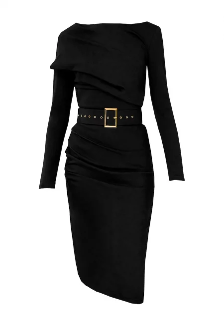 Вталена рокля с деколте тип лодка - Черен