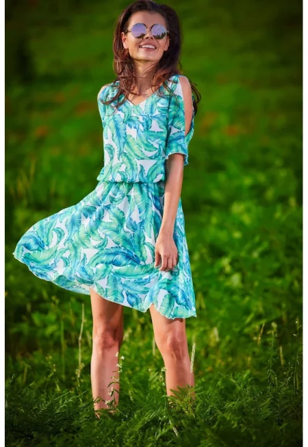 Зелена къса флорална рокля с къс ръкав A295