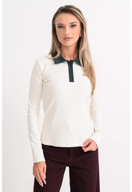 Блуза с контрастна яка - Тъмнозелен/Крем