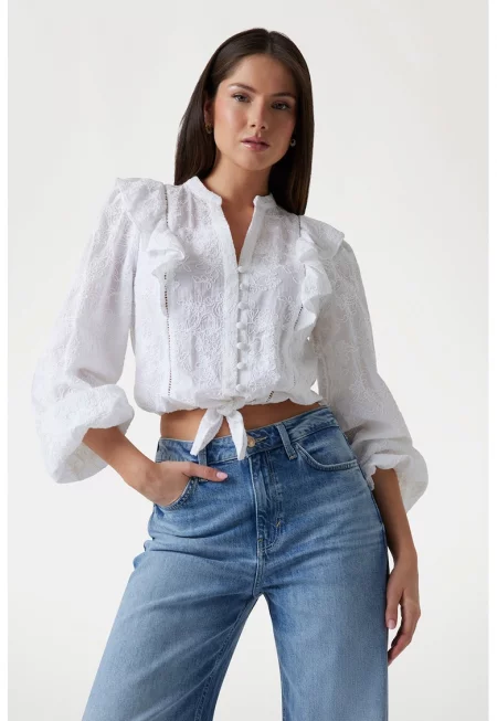 Бродирана риза с преден възел и дипли - Бял -