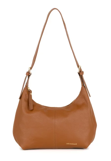 Чанта за рамо от кожа с лого - Канелено кафяво