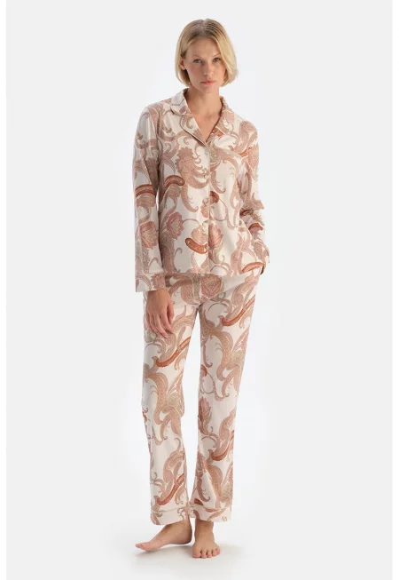 Дълъг пижамен панталон от памук - Бежов/Тъмнокафяв/Мръснобял