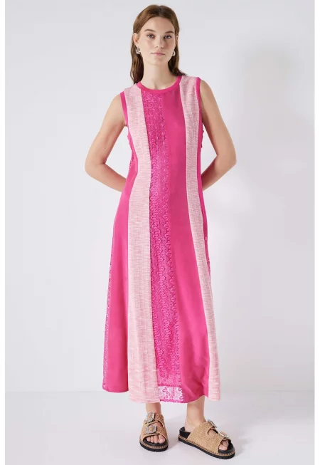 Дълга права рокля на райе - Фуксия