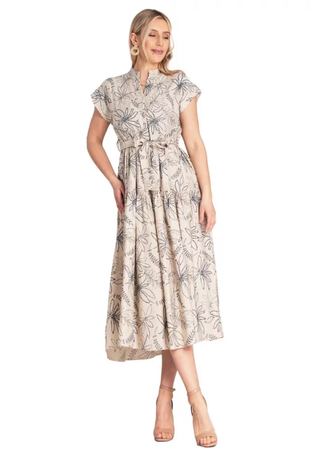 Дълга рокля  флорален принт - бежово - висока яка - вискоза/найлон - Един размер