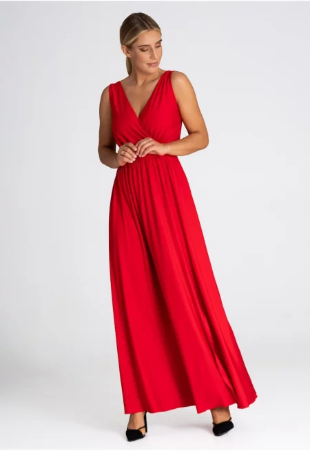 Дълга рокля  M960 - червена - без ръкави - полиестер-еластан