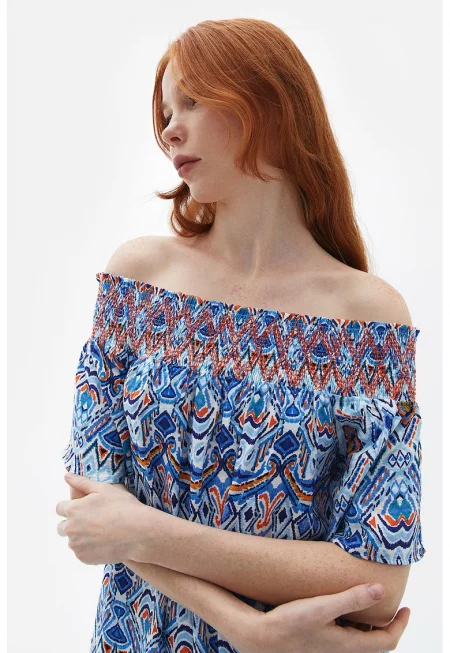 Дълга рокля с голи рамене - Тъмносин/Изгорен портокал/Светлосин