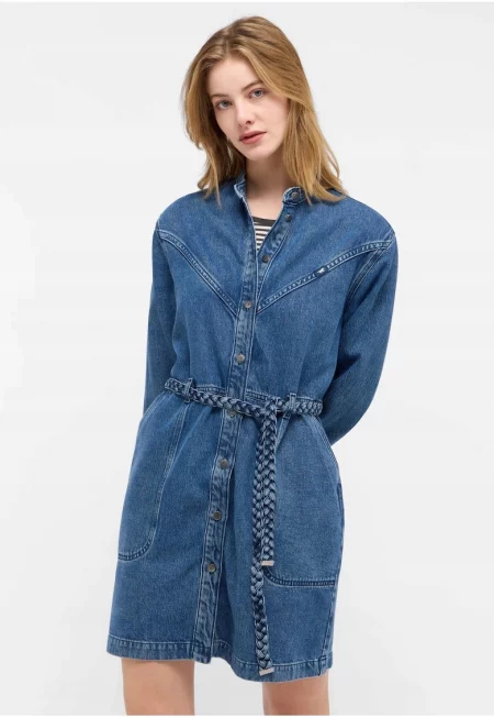 Дамска рокля -  Style Paola Dress - Regular Fit - С яка - Дълъг ръкав - Деним акцент - Копчета - Памук - ЕС - Синя - Син
