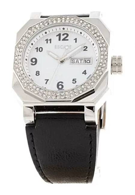 Дамски часовник  каишка от екологична кожа - стоманен корпус - 36 мм - сребрист/черен - водоустойчив 5 ATM